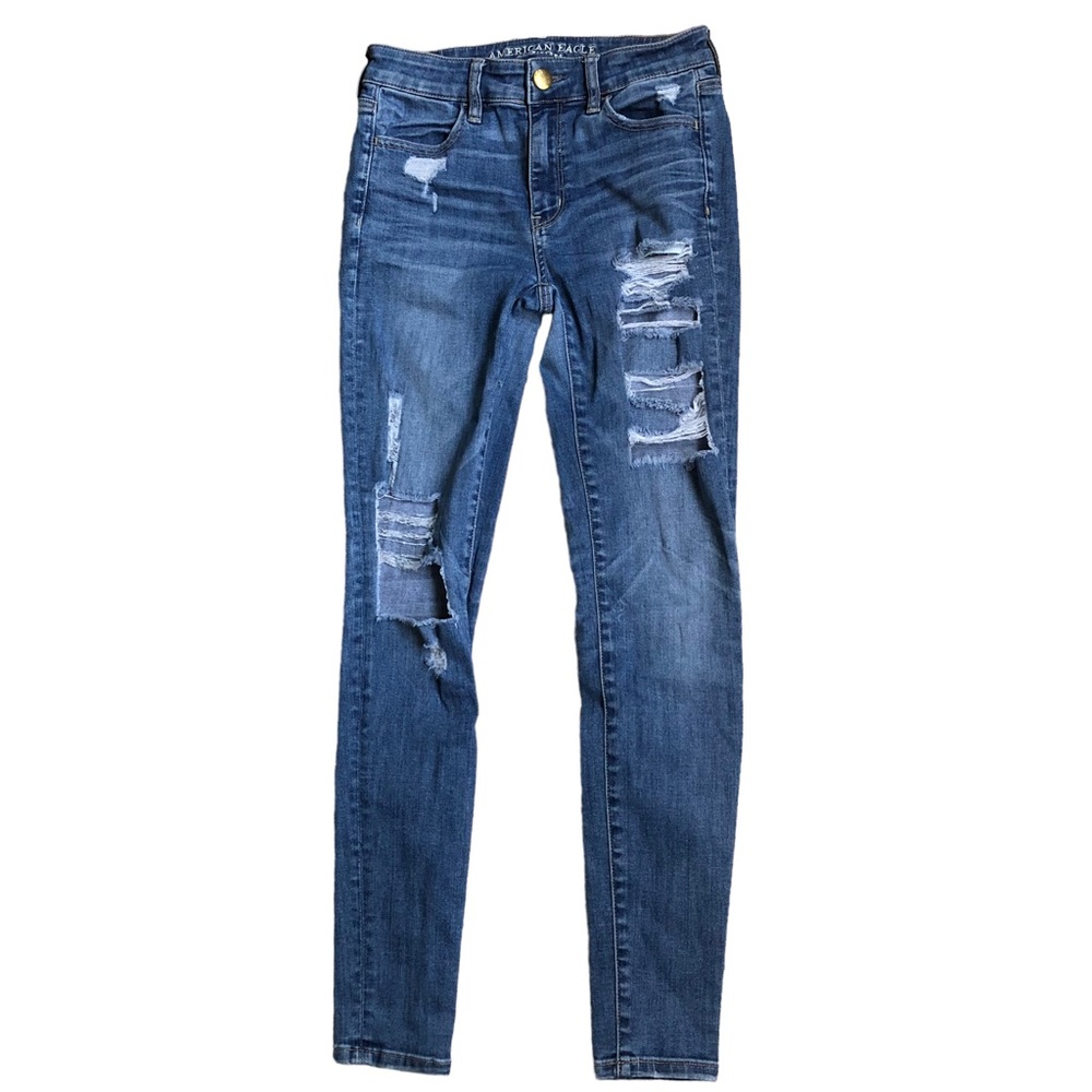 𝅺American Eagle Hi Rise Jeggings Distressed Denim Size 2